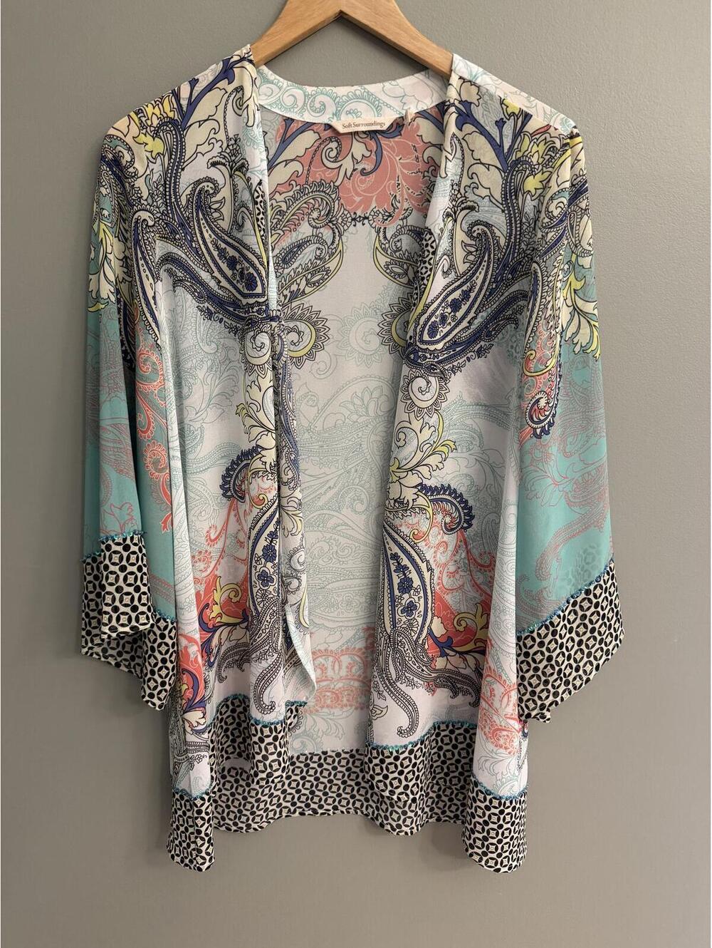 Soft Surroundings Paisley Kimono Cardigan Boho Open Front Lightweight Women’s M